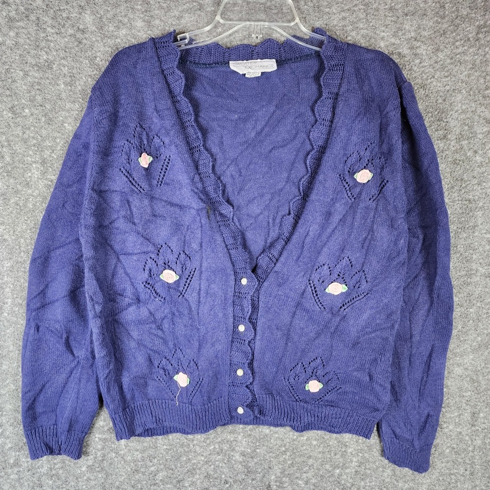 Sweater Exchange Cardigan Womens L Rose Applique Purple Pointelle Button EUC